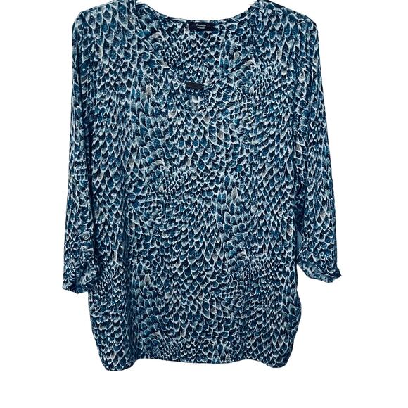 COCOMO WOMAN LONG ROLL TAB SLEEVE V-NECK TUNIC TOP, WOMENS, 3X, BLUE BLACK TAN - Picture 1 of 10